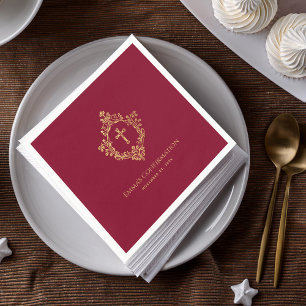 Girl Confirmation Burgundy Gold Cross Ornate Crest Napkins