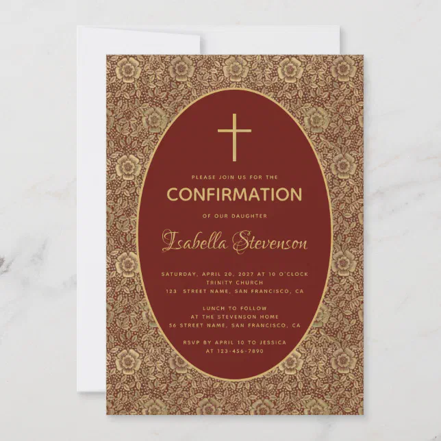 Girl Confirmation Burgundy Gold Roses Elegant Red Invitation | Zazzle