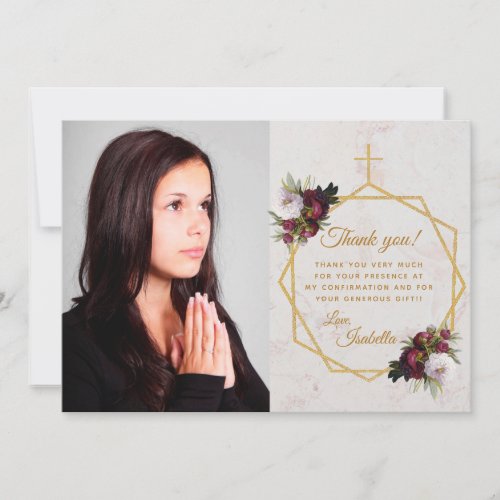 Girl Confirmation Burgundy Peony Gold Cross Marble Thank You Card