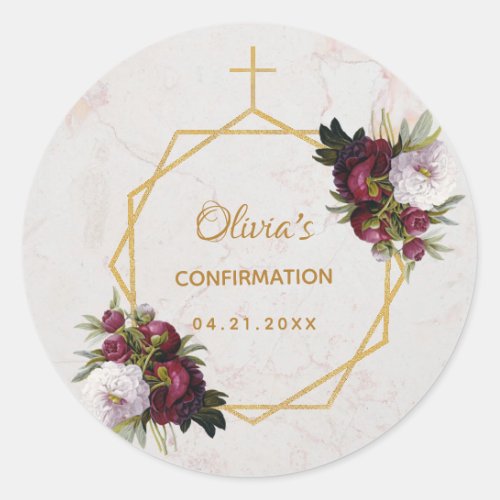 Girl Confirmation Burgundy Red Peonies Marble Gold Classic Round Sticker