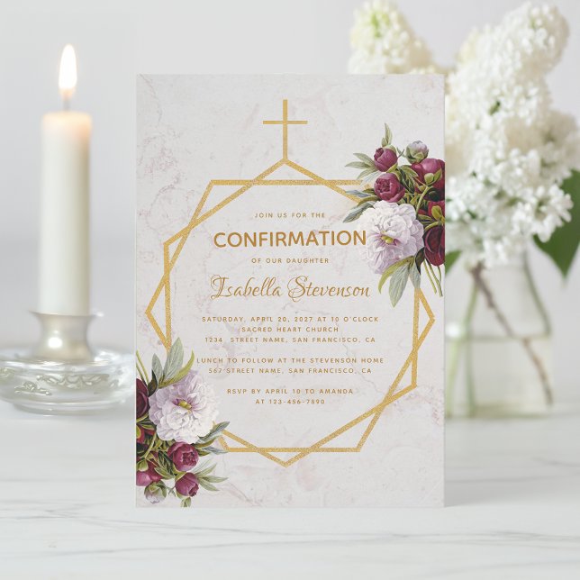 Girl Confirmation Burgundy Red Peonies Marble Gold Invitation (Creator Uploaded)