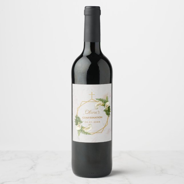 Girl Confirmation Calla Lilies Gold Marble Floral Wine Label (Front)