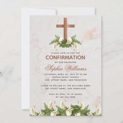 Girl Confirmation Copper Cross Calla Lilies Marble Invitation