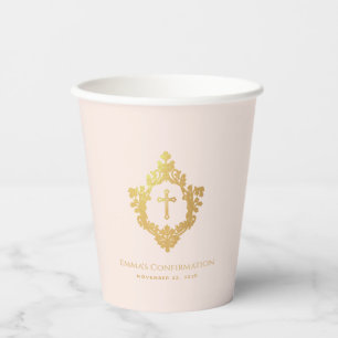 Girl Confirmation Crest Blush Pink Faux Gold Cross Paper Cups