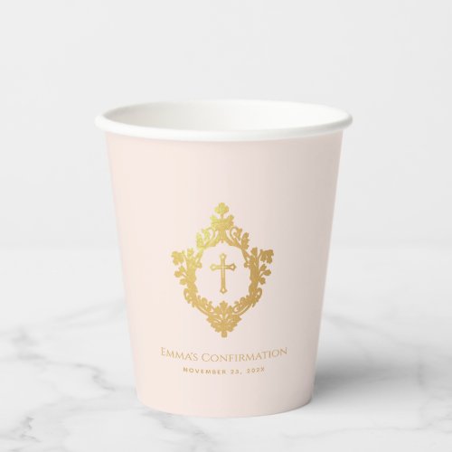 Girl Confirmation Crest Blush Pink Faux Gold Cross