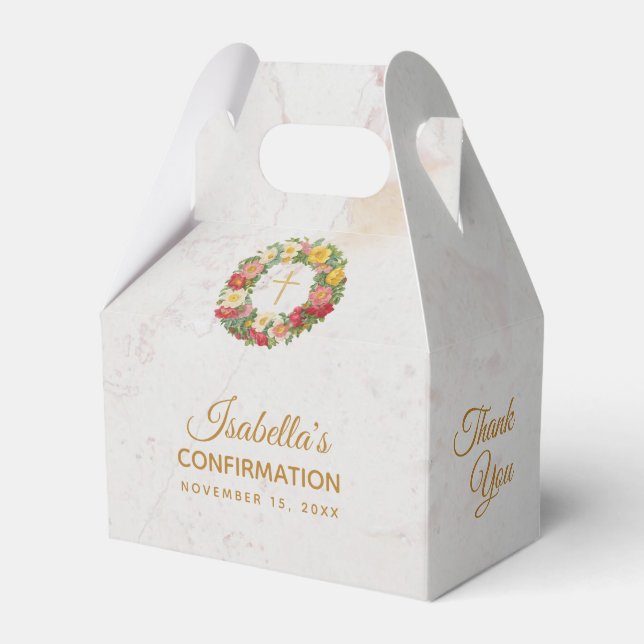 Girl Confirmation Cross Rose Wreath Marble Floral Favor Boxes (Front Side)