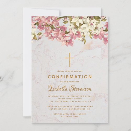 Girl Confirmation Floral Cross Pink Orchids Marble Invitation