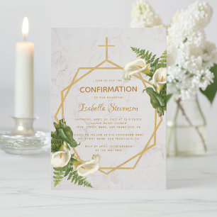 Girl Confirmation Floral Gold Marble Calla Lilies Invitation