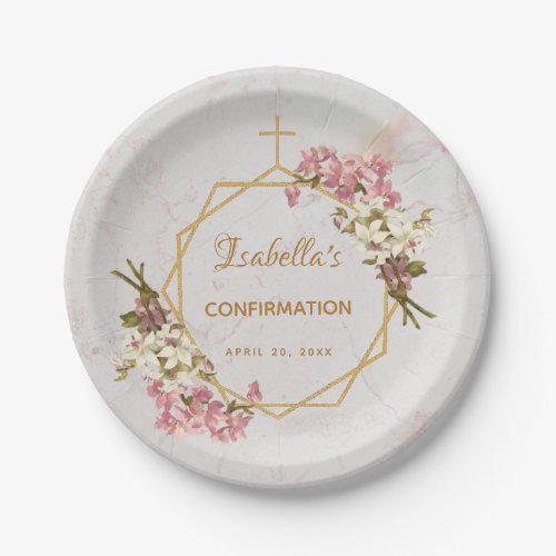 Girl Confirmation Floral Gold Pink Orchids Marble Paper Plates