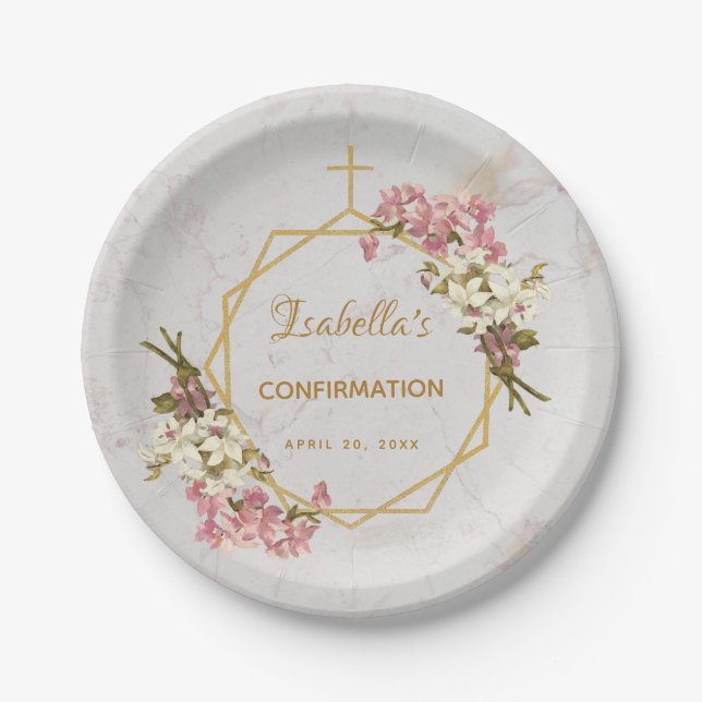 Girl Confirmation Floral Gold Pink Orchids Marble Paper Plates (Front)