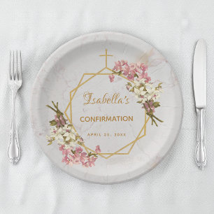 Girl Confirmation Floral Gold Pink Orchids Marble Paper Plates
