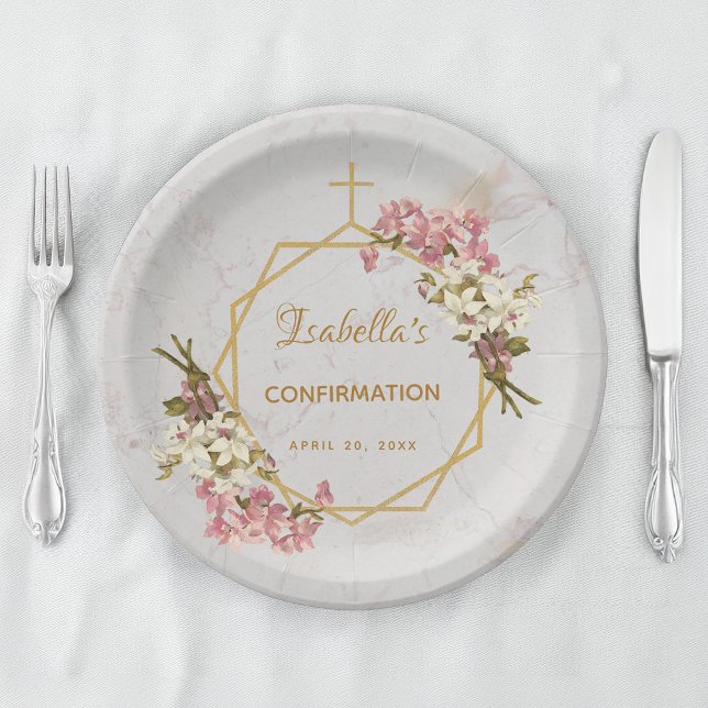 Girl Confirmation Floral Gold Pink Orchids Marble Paper Plates (Creator Uploaded)