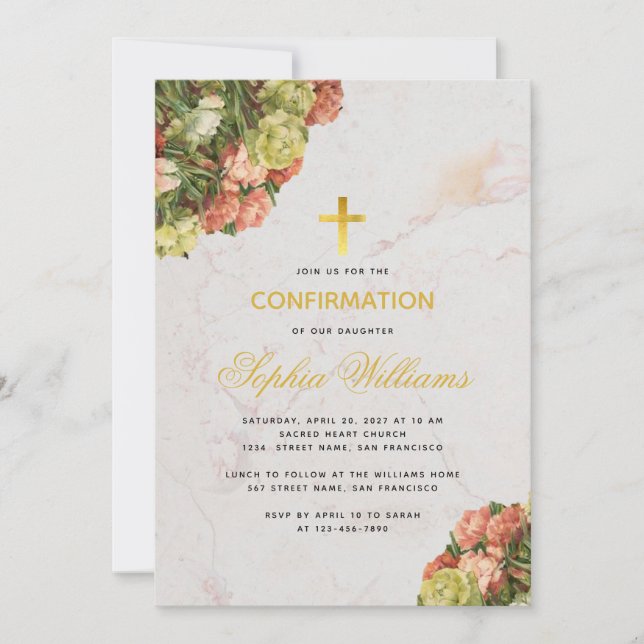 Girl Confirmation Floral Marble Carnations Script Invitation (Front)