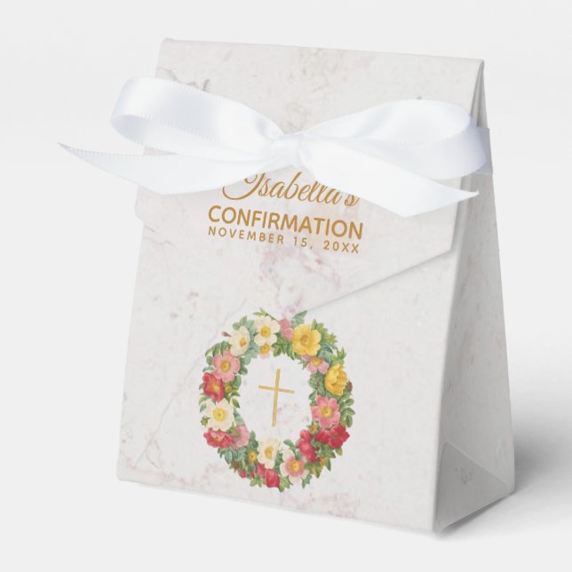 Girl Confirmation Floral Marble Cross Rose Wreath Favor Boxes (Front Side)