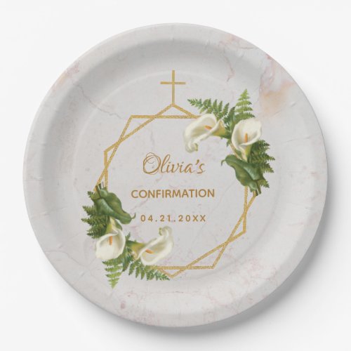 Girl Confirmation Floral Marble Gold Calla Lilies Paper Plates