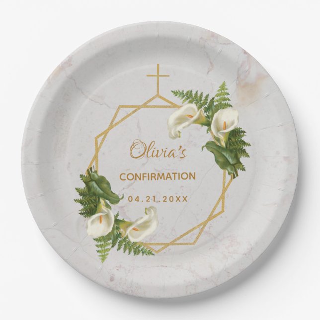 Girl Confirmation Floral Marble Gold Calla Lilies Paper Plates (Front)