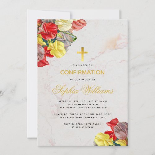 Girl Confirmation Floral Marble Sweet Peas Script Invitation