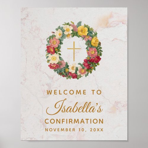 Girl Confirmation Gold Cross in Rose Wreath Marble Poster