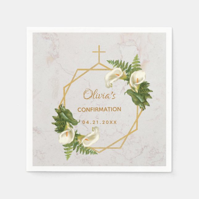 Girl Confirmation Marble Gold Calla Lilies Floral Napkins (Front)
