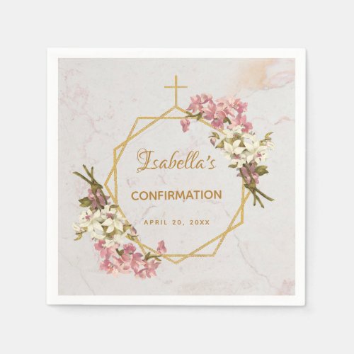 Girl Confirmation Marble Gold Pink Orchids Floral Napkins