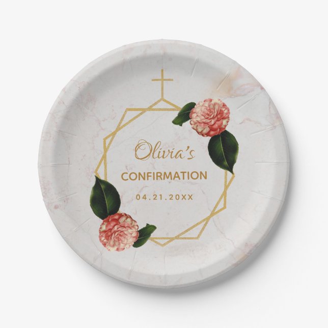 Girl Confirmation Marble Pink Camellia Floral Gold Paper Plates (Front)