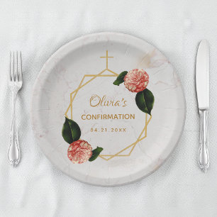 Girl Confirmation Marble Pink Camellia Floral Gold Paper Plates