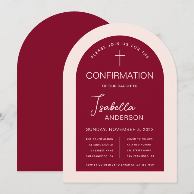 Girl Confirmation Modern Arch Pink Burgundy Invitation (Front/Back)