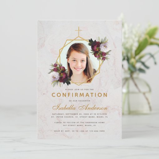 Girl Confirmation Photo Floral Burgundy Peonies Invitation | Zazzle