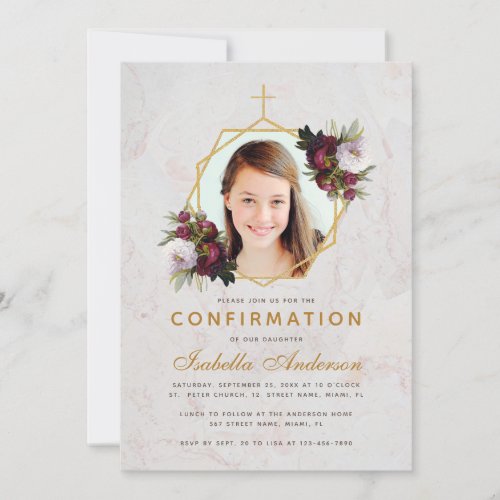 Girl Confirmation Photo Floral Burgundy Peonies Invitation