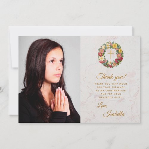Girl Confirmation Photo Gold Cross in Rose Wreath Thank You Card