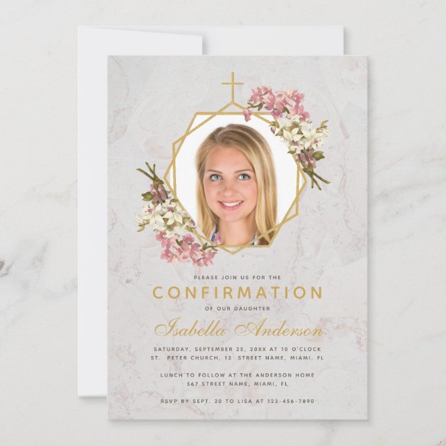 Girl Confirmation Photo Gold Marble Pink Orchids Invitation (Front)