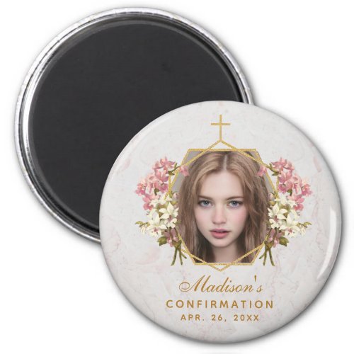 Girl Confirmation Photo Pink Orchids Floral Marble Magnet