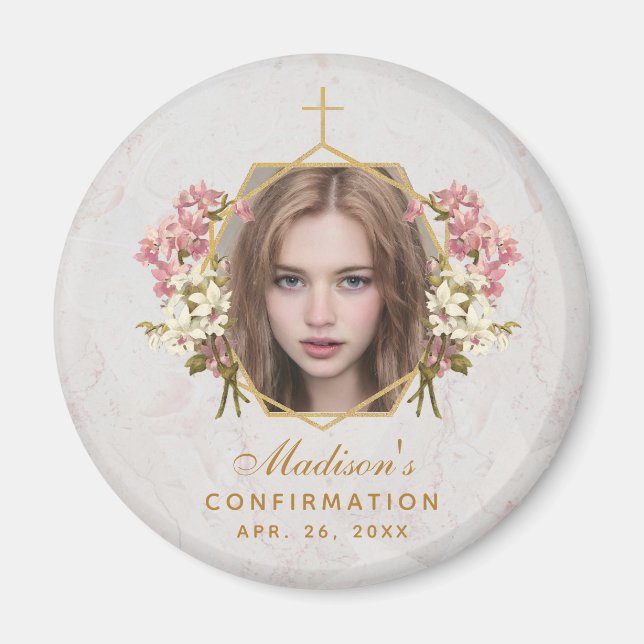 Girl Confirmation Photo Pink Orchids Floral Marble Magnet (Front)