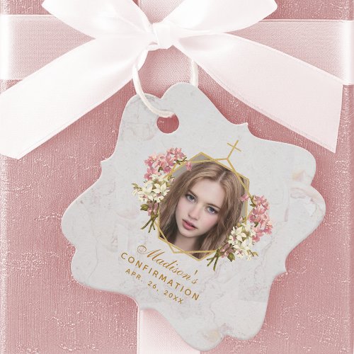 Girl Confirmation Photo Pink Orchids Gold Marble Favor Tags