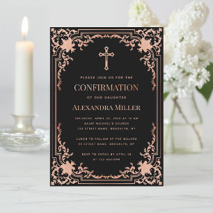 Girl Confirmation Pink Black Elegant Vintage Cross Invitation