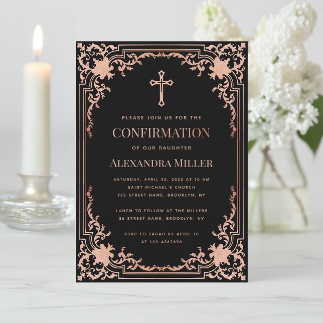 Girl Confirmation Pink Black Elegant Vintage Cross Invitation (Creator Uploaded)