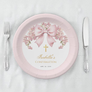 Girl Confirmation Pink Bow Floral Faux Gold Cross Paper Plates