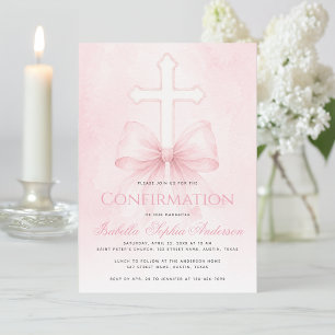 Girl Confirmation Pink Bow on Cross Watercolor Invitation