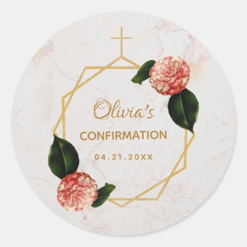 Girl Confirmation Pink Camellia Floral Gold Marble Classic Round Sticker