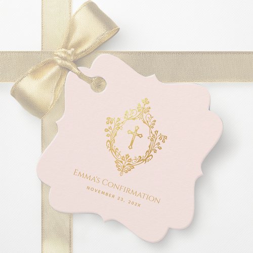 Girl Confirmation Pink Faux Gold Crest Elegant Favor Tags