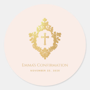Girl Confirmation Pink Faux Gold Cross in Crest Classic Round Sticker