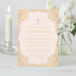 Girl Confirmation Pink Gold Leaves Vintage Elegant Invitation