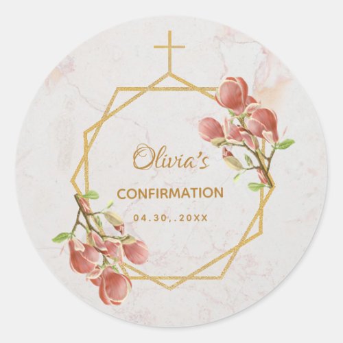 Girl Confirmation Pink Magnolia Gold Cross Marble Classic Round Sticker