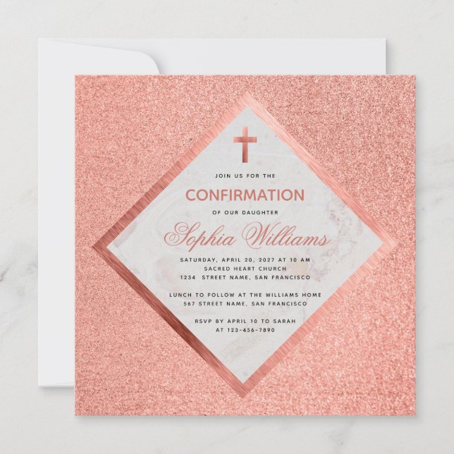 Girl Confirmation Pink Rose Gold Marble Cross Invitation (Front)