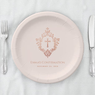 Girl Confirmation Pink Rose Gold Vintage Crest Paper Plates