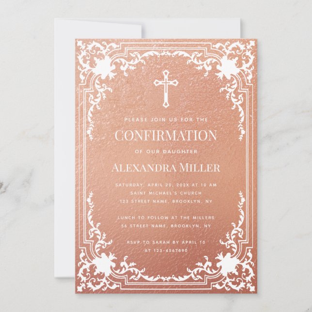 Girl Confirmation Rose Gold White Elegant Vintage  Invitation (Front)