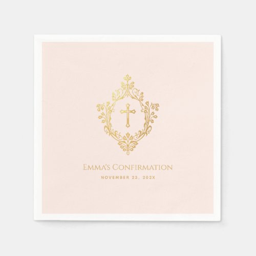 Girl Confirmation Vintage Crest Pink Faux Gold  Napkins