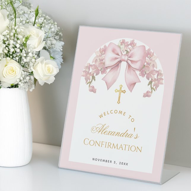 Girl Confirmation Welcome Pink Bow Floral Arch  Pedestal Sign (Creator Uploaded)