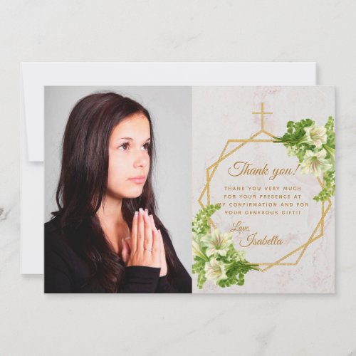 Girl Confirmation White Lilies Marble Gold Cross Thank You Card