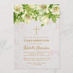 Girl Confirmation White Lilies on Marble Floral Invitation